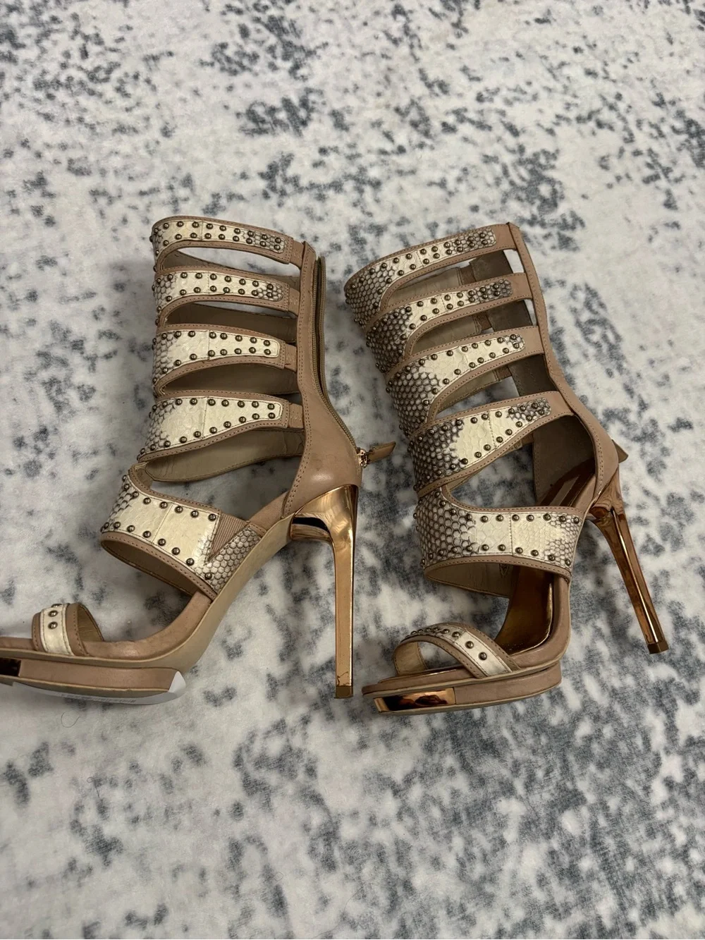 Rare BCBGMaxazria Womens Lynx Tan Snake Embossed Gladiator Heels